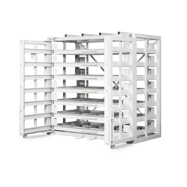 Metallregalwagen mit mehreren Regalebenen und offenen Türen