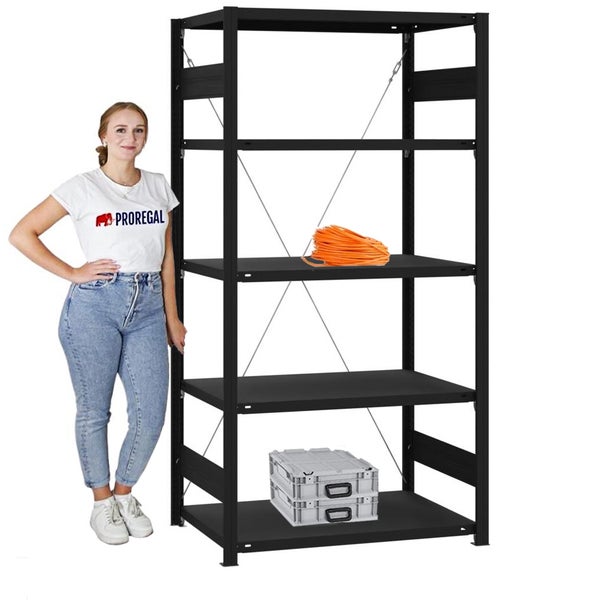 PROREGAL Wohnregal Motemo Made In Germany HxBxT 200x100x60 cm 5 Ebenen Je 150 kg Fachlast Matt & Schwarz
