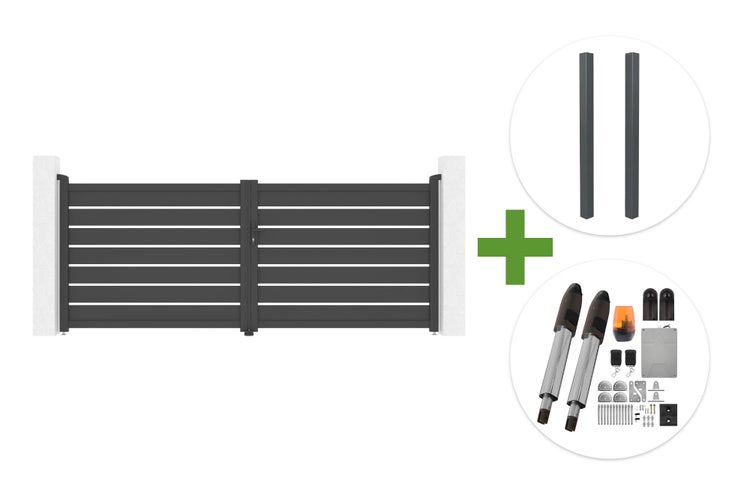 Zweiflügeliges Gartentor aus Aluminium mit horizontalen Lamellen, zwei Pfosten und elektrischem Torantrieb inklusive Zubehör.