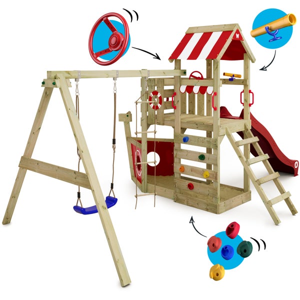 WICKEY Spielturm Klettergerüst SeaFlyer mit Schaukel und Rutsche, Baumhaus mit Sandkasten, Kletterleiter und Spiel-Zubehör - rot