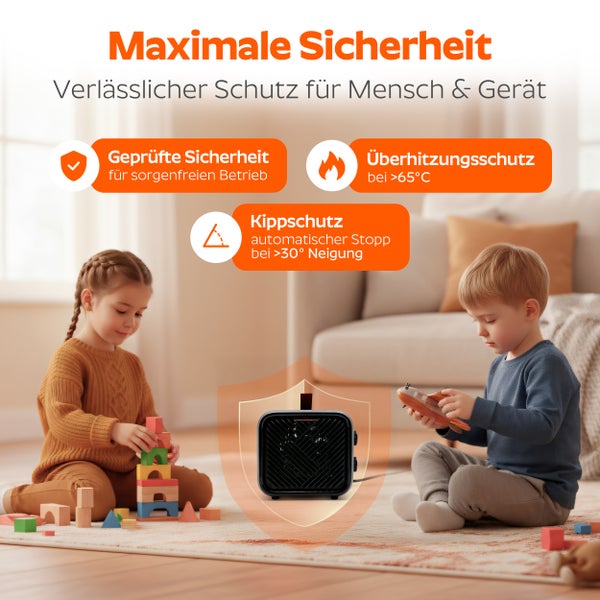 Kompaktheizgerät im Wohnzimmer mit Kindern. Symbole für geprüfte Sicherheit, Überhitzungsschutz ab 65 Grad und Kippschutz ab 30 Grad Neigung.