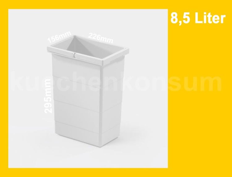 Kunststoff Abfalleimer mit 8,5 Liter Volumen und Maßen von 226 mal 156 mal 295 Millimeter.