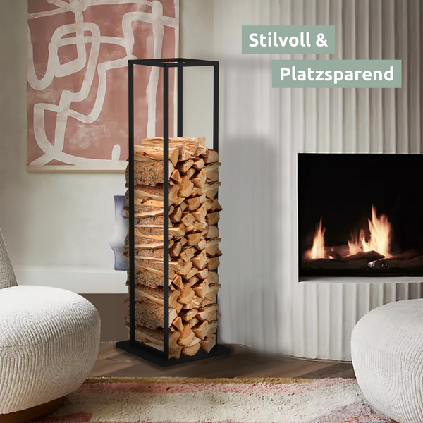 holz4home Kaminholzregal 33x33x115cm aus Metall Schwarz inkl. Ofenhandschuh
