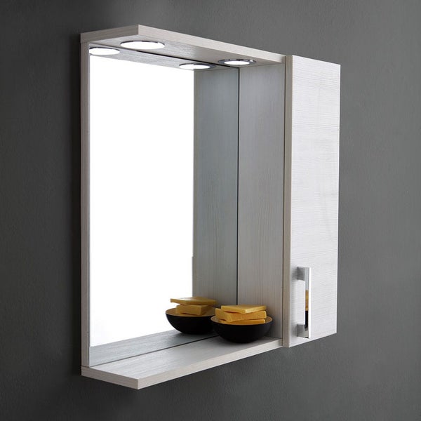 Spiegelschrank für das Badezimmer mit LED-Beleuchtung, heller Holzoptik, seitlichem Schrank mit Griff und Ablagefläche.