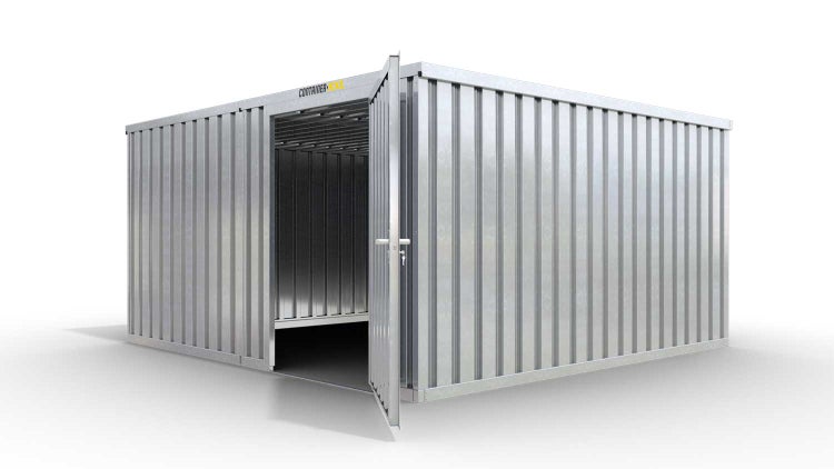 Lagercontainer Gerätehaus XL2  – 21 qm, H2115 x B5080 x T4340 mm, verzinkt, ohne Fußboden, 1270 mm Einflügeltür mittig in Modul D, zerlegt