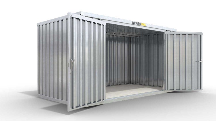 Lagercontainer Gerätehaus M  – 6 qm, H2150 x B3050 x T2170 mm, verzinkt, mit Holzfußboden, 2750 mm Doppelflügeltür mittig in Breitseite, zerlegt