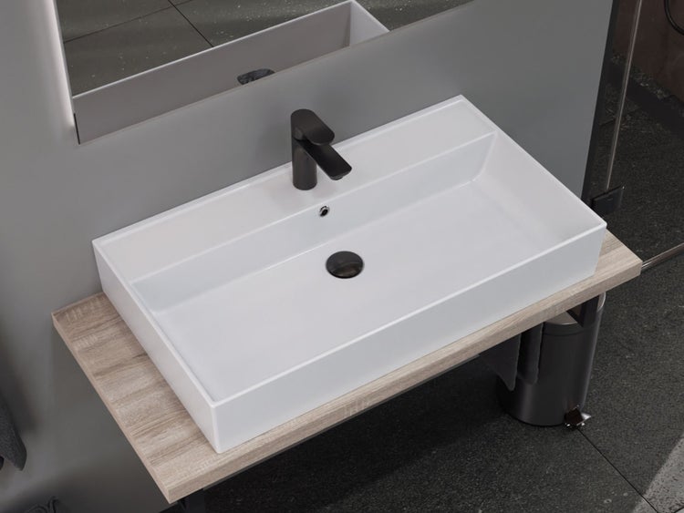 Aqua Bagno Basic Plan Waschbecken 10.16.30.06.02 – 80 x 45 cm – Weiß Hochglanz – Keramikbecken mit Hahnloch & Überlauf