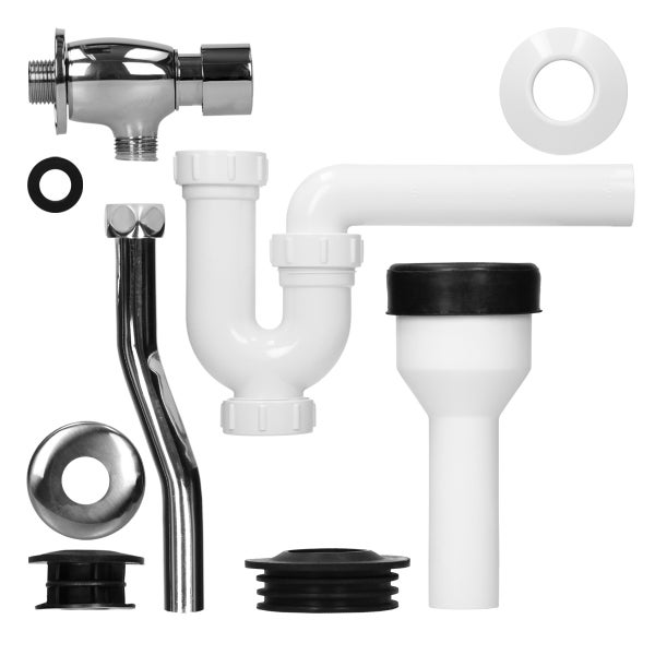 Urinal-Anschlussgarnitur Set bestehend aus Siphon, Druckspüler, Anschlussrohr, Rosetten und Dichtungen.