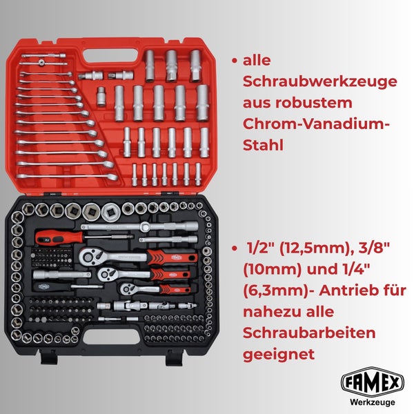 FAMEX Steckschlüsselsatz im Werkzeugkoffer aus Chrom-Vanadium-Stahl mit Ratschen in 1/2 Zoll, 3/8 Zoll und 1/4 Zoll Antrieb.