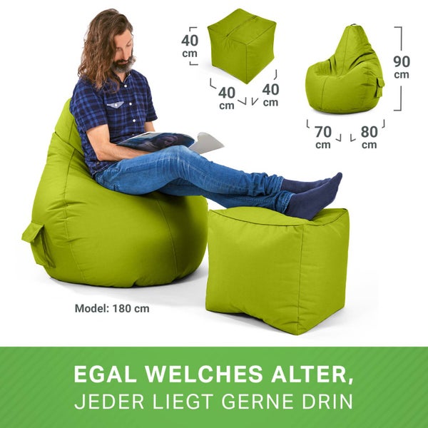 Green Bean 2er Set Sitzsack + Hocker - fertig befüllt - robust waschbar schmutzabweisend - Kinder & Erwachsene Bean Bag Bodenkissen Lounge Sitzhocker Relax-Sessel Gamer Gamingstuhl Pouf - Grün