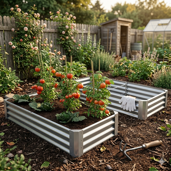 Montage-Set für Metall-Hochbeet mit Wellblech-Paneelen, Eckverbindung, Schrauben und Werkzeug für eine einfache Montage.