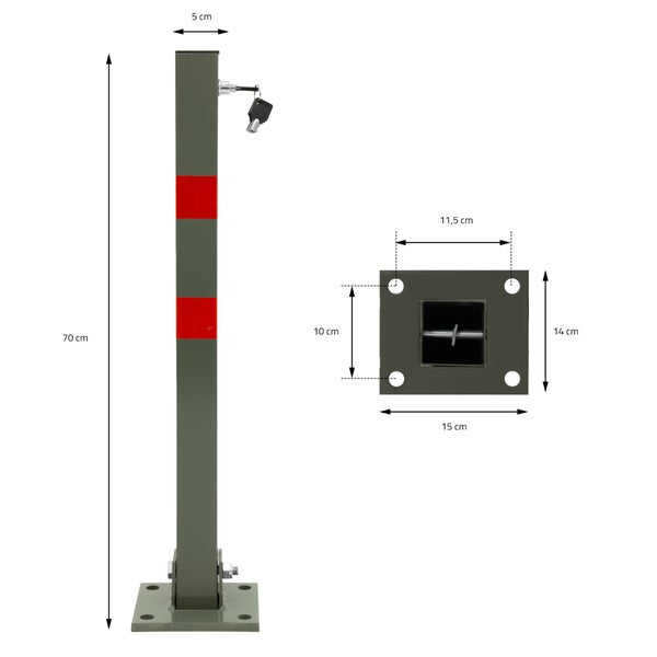 Quadratischer, umlegbarer Absperrpfosten mit Schloss, rote Reflexstreifen, Höhe 70 Zentimeter, Pfosten 5 Zentimeter, Bodenplatte 15 mal 14 Zentimeter