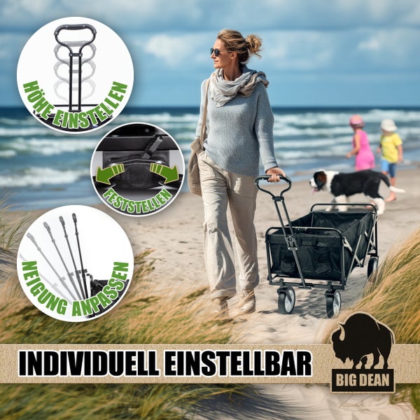 Frau zieht Bollerwagen am Strand. Der Bollerwagen ist individuell einstellbar. Big Dean Logo.