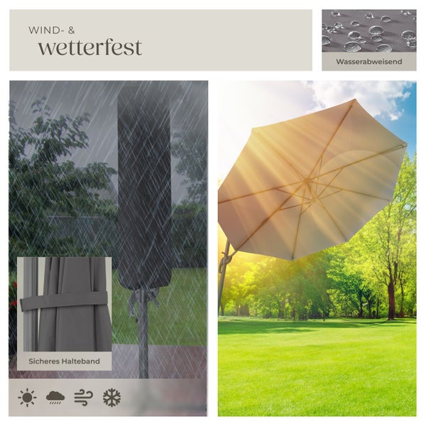 Wetterfester Sonnenschirm mit wasserabweisendem Bezug und sicherem Halteband, geeignet für Sonne, Regen, Wind und Schnee