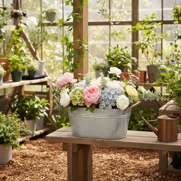 Farbenfrohes Blumenarrangement in einer verzinkten Metallwanne auf einer Holzbank in einem hellen Gewächshaus mit Kupfergießkanne.