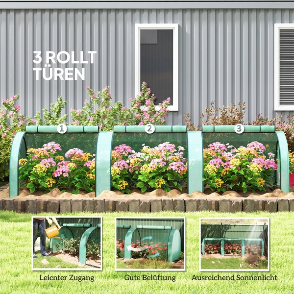 Folientunnel für Pflanzen mit drei Rolltüren, inklusive Anwendungsbeispielen für Zugang, Belüftung und Lichteinfall im Garten.