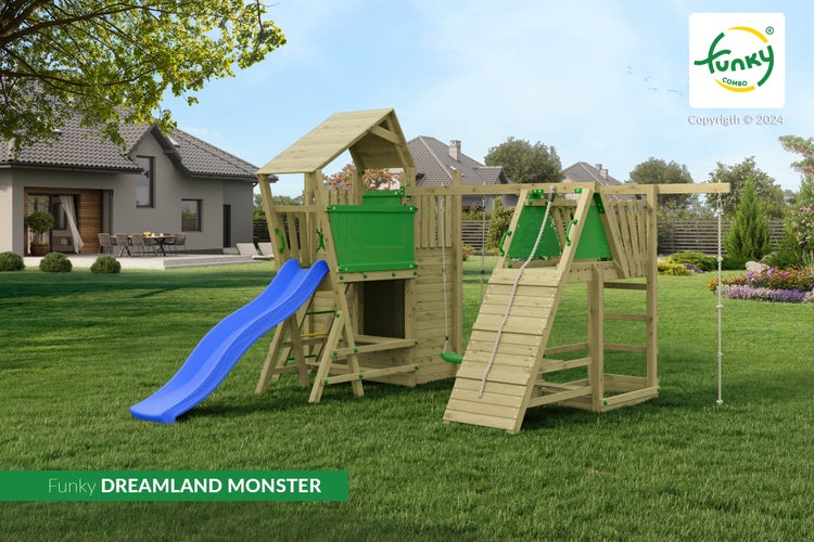 Funky Combo Logo. Großer Spielturm Funky DREAMLAND MONSTER aus Holz im Garten mit blauer Rutsche, grüner Schaukel und Kletterrampe mit Seil.