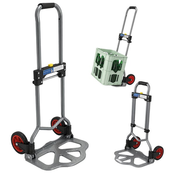 Faltbare Sackkarre aus Aluminium mit zwei Rädern und Lastenplatte zur Beförderung von Getränkekisten.
