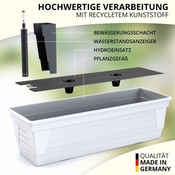 Plastard Blumenkasten Weiß 80x21x17 cm mit Hydroeinsatz und Wasserstandsanzeiger Pflanzkasten Balkonkasten