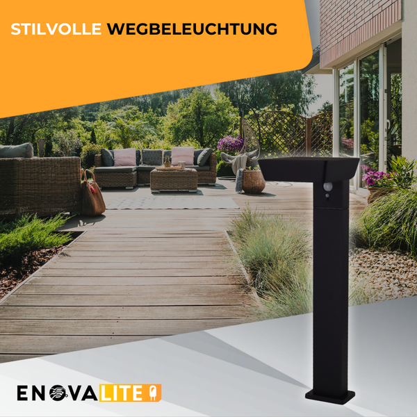 Wegbeleuchtung im Außenbereich mit Bewegungsmelder auf einer Holzterrasse