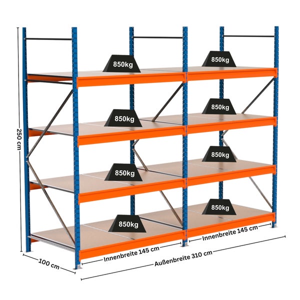 Regalsystem mit vier Ebenen und Gewichtsangabe