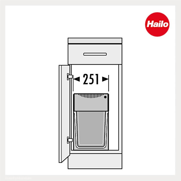 Maßzeichnung eines Hailo Einbau-Abfallsammlers im Unterschrank mit der Breitenangabe 251 Millimeter. Hailo Logo.