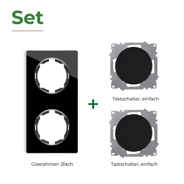 Set bestehend aus einem zweifachen Glasrahmen und zwei einzelnen Tastschaltern für die Elektroinstallation.