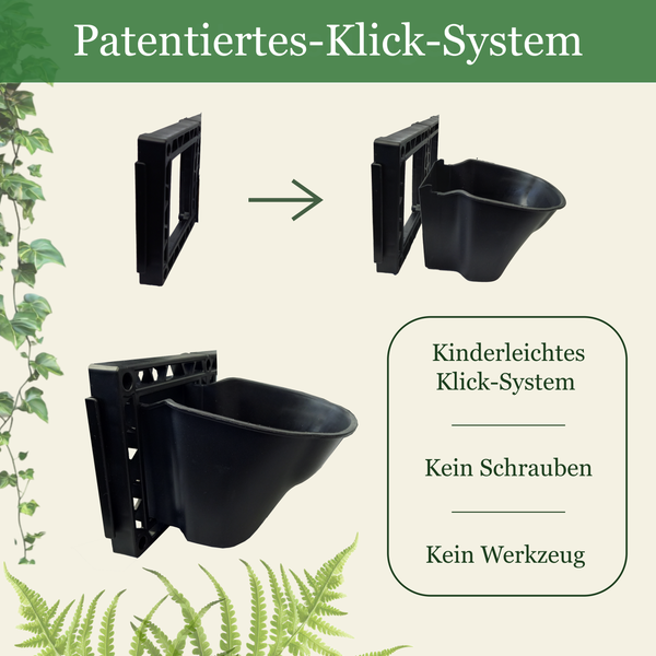 Patentiertes Klick-System für vertikale Pflanztöpfe zur werkzeuglosen Montage ohne Schrauben.