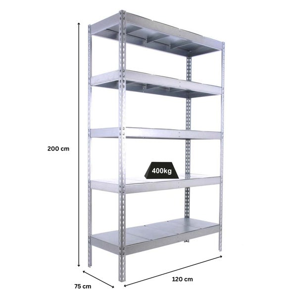 Schwerlastregal aus Metall mit 5 Böden. Maße: 200 Zentimeter hoch, 120 Zentimeter breit, 75 Zentimeter tief. Tragkraft 400 Kilogramm pro Boden.