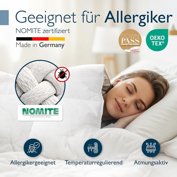 Bettwaren für Allergiker, NOMITE Logo, OEKO-TEX Logo, Down Pass Logo, temperaturregulierend, atmungsaktiv, schlafende Frau, Made in Germany.