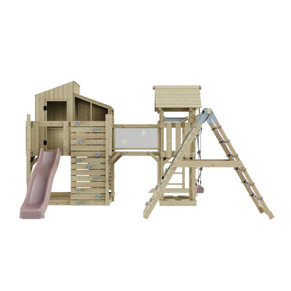 Spielturm aus Holz mit Rutsche, Kletterwand, Schaukel und Tafel