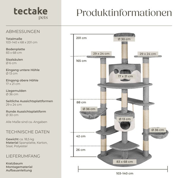 Produktinformationen zu einem grauen Kratzbaum mit Sisalsäulen und Liegeflächen.