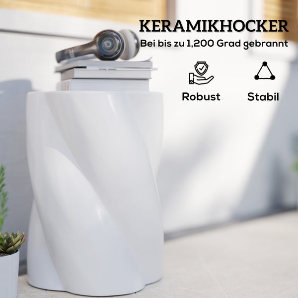 Outsunny Sitzhocker aus Keramik in Spiralform 120kg belastbar Ø33 x 45 cm Wetterfest Garten Hocker mit Deckel Beistelltisch Blumenhocker Fußhocker für Indoor Outdoor Camping Garten Balkon Weiß