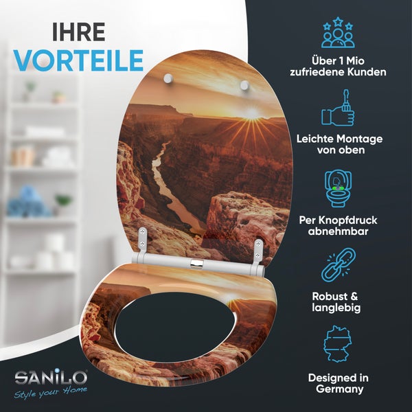 Sanilo WC-Sitz Grand Canyon Motiv: Montage von oben, abnehmbar per Knopf, robust, über eine Million Kunden, entworfen in Deutschland. Sanilo Logo.