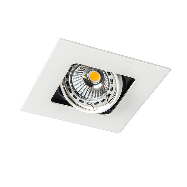 Quadratischer LED Einbaustrahler aus Metall in Weiß mit schwenkbarem Leuchtmittel.