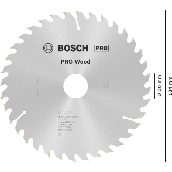 Bosch PRO Wood Kreissägeblatt 184 x 2,6 x 30 mm - 2608640611