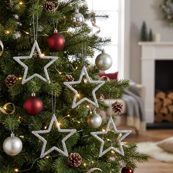 Geschmückter Weihnachtsbaum mit glitzernden Sternanhängern und Weihnachtskugeln in einem gemütlich eingerichteten Wohnzimmer mit Kamin.