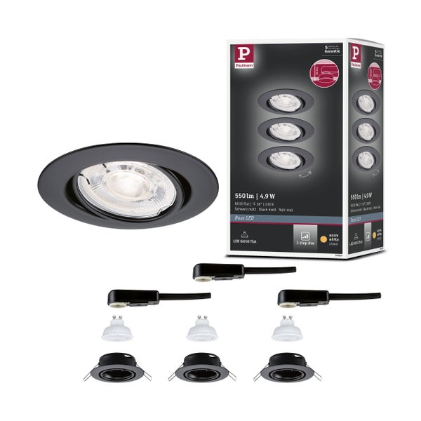 Paulmann LED-Einbaustrahler Set Base 3er-Pack in Schwarz matt inklusive 3-stufig dimmbaren GU10 Leuchtmitteln und Paulmann Logo.