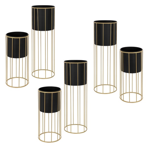 ML-Design Blumenständer 6er Set, Schwarz-Gold, 21x46,7/24x70,5 cm, rund, Stahl, Blumentopfständer mit Übertopf, Metall Pflanzenständer, Blumentopfhalter 6-tlg, Pflanztopf Deko Blumensäule Blumenhocker