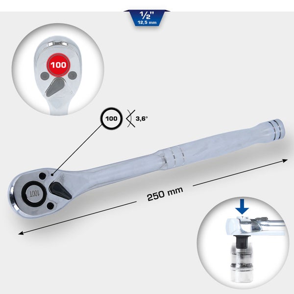 BRILLIANT TOOLS 1/2 Umschaltknarre mit Metallgriff 100 Zahn - BT022995