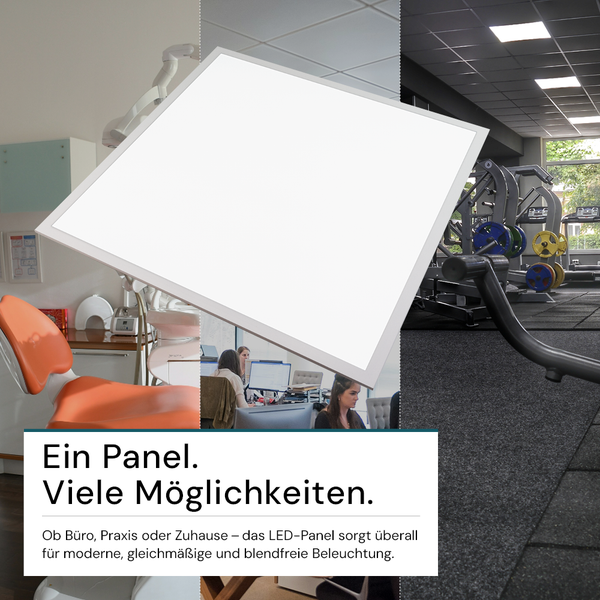 LED-Panel in verschiedenen Umgebungen: Zahnarztpraxis, Büro und Fitnessstudio für moderne und gleichmäßige Beleuchtung