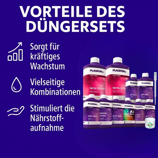 Plagron Düngerset mit Terra Bloom, Terra Grow, Ph Plus, Ph Min, Vita Race, Power Roots, Pure Zym, Green Sensation und Sugar Royal für kräftiges Wachstum und Nährstoffaufnahme
