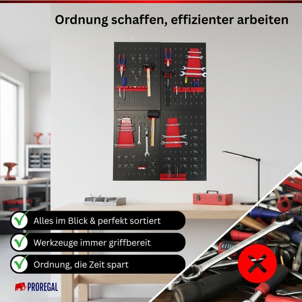 Schwarze Metall-Lochwand zur Werkzeugaufbewahrung mit Zangen, Hämmern und Schlüsseln über einer hellen Werkbank, Proregal Logo.