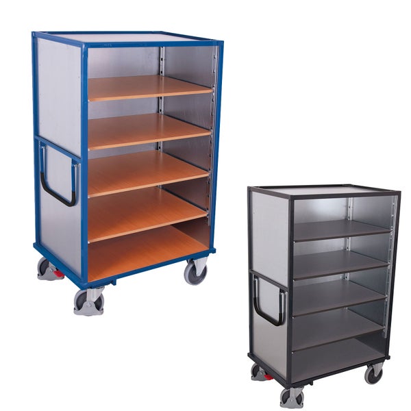 Mobiler Etagenwagen mit fünf Fachböden, robustem Stahlrahmen, Seitenwänden und vier Lenkrollen für den Transport.