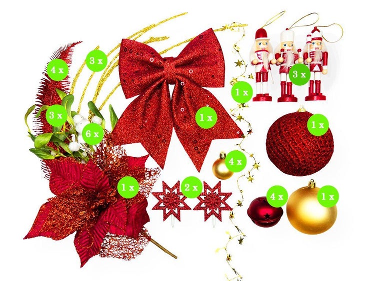 Weihnachtsbaumschmuck Set mit Schleife, Nussknacker Figuren, Weihnachtskugeln, Poinsettie und Girlande als dekoratives Set für den Weihnachtsbaum