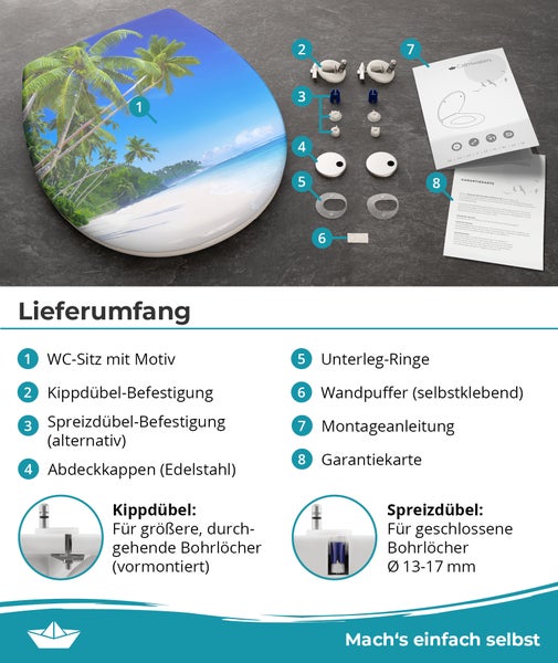 Calmwaters® WC Sitz Motiv Palmenparadies einfache Montage, Toilettendeckel bis 250 kg, Made in EU, antibakterieller Duroplast, Absenkautomatik, 2 Montage Optionen, abnehmbar, Klobrille, oval