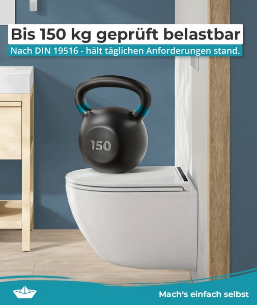 Wandhänge WC mit einem auf dem Deckel platzierten Kettlebell Gewicht als Symbol für die Belastbarkeit von 150 Kilogramm gemäß Norm DIN 19516.