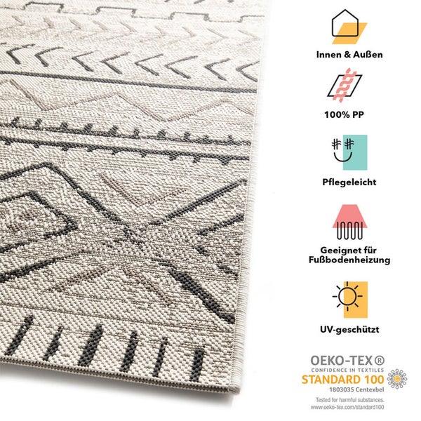 FLOORDIREKT Outdoorteppich - Wetterbeständiger Außenteppich - Aztec - Grau - 80 x 150 cm