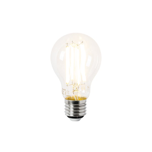 LED Filament Leuchtmittel in Birnenform mit E27 Sockel aus klarem Glas.