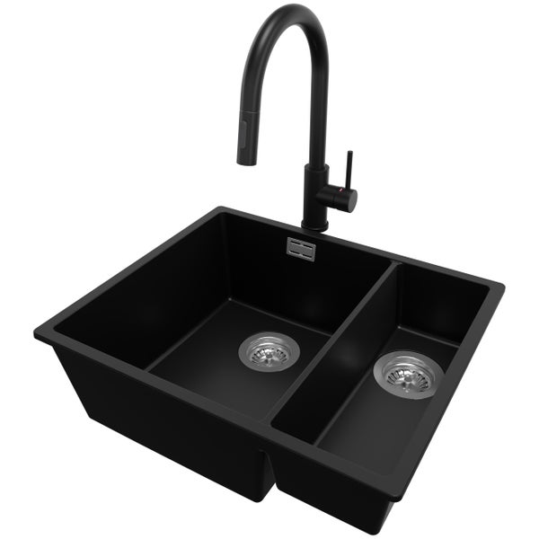 PRIMAGRAN Granitspüle Schwarz 56x47cm, Spülbecken 1,5 Becken + Küchenarmatur 40x20cm + Ablauf-Set, Küchenspüle ab 60er Unterschrank - London Slim Duo